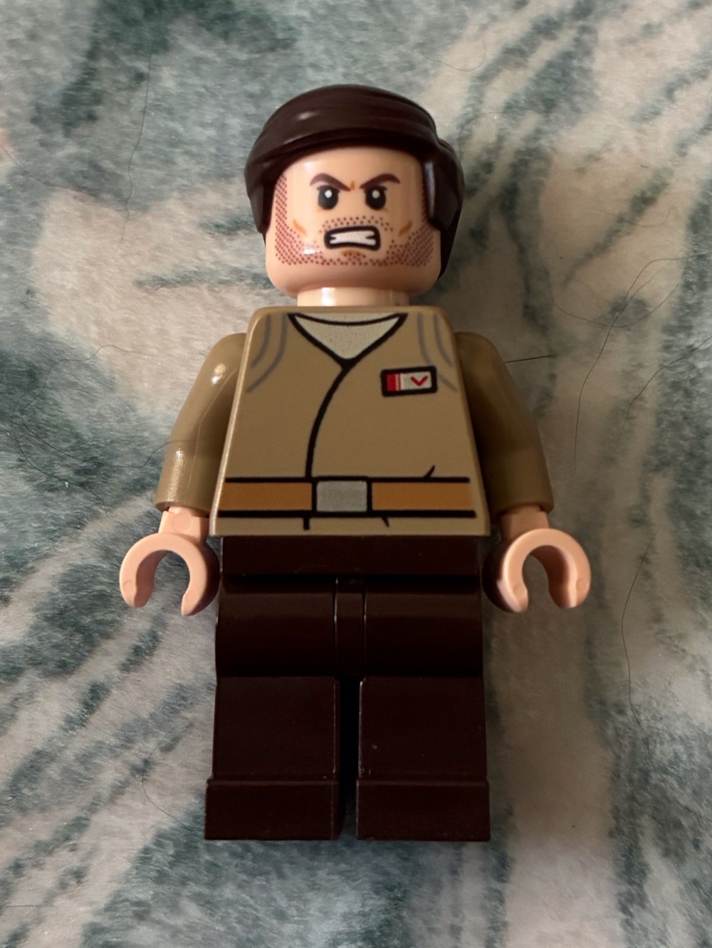 Lego tan jacket minifigure with dark brown hair and legs